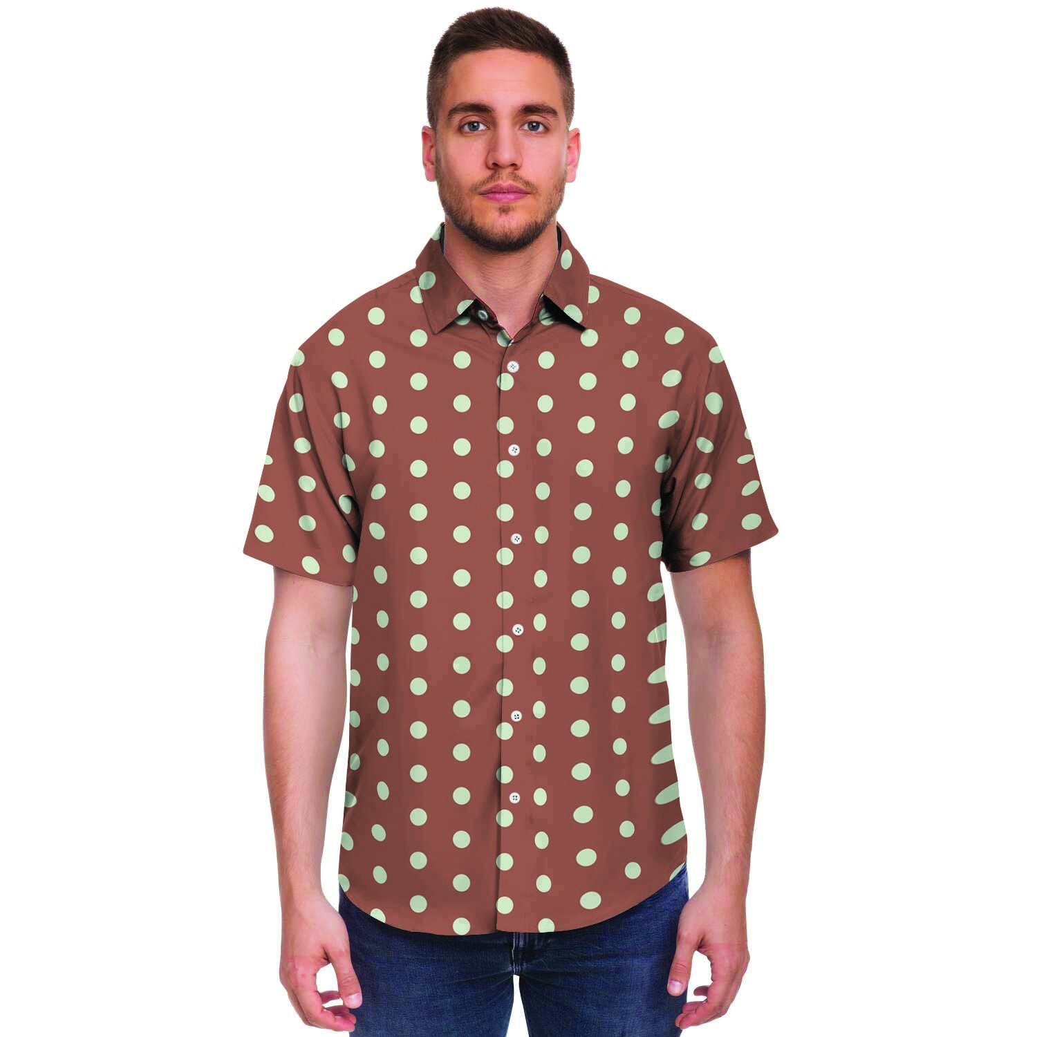 Brown And White Polka Dot Men's Short Sleeve Shirt-grizzshop