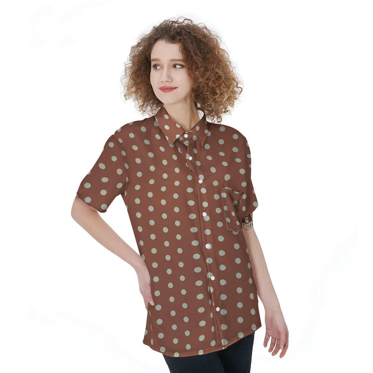 Brown And White Polka Dot Women's Short Sleeve Shirts-grizzshop