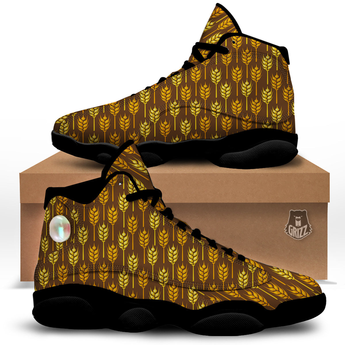 Brown And Yellow Wheat Print Pattern Black Basketball Shoes-grizzshop