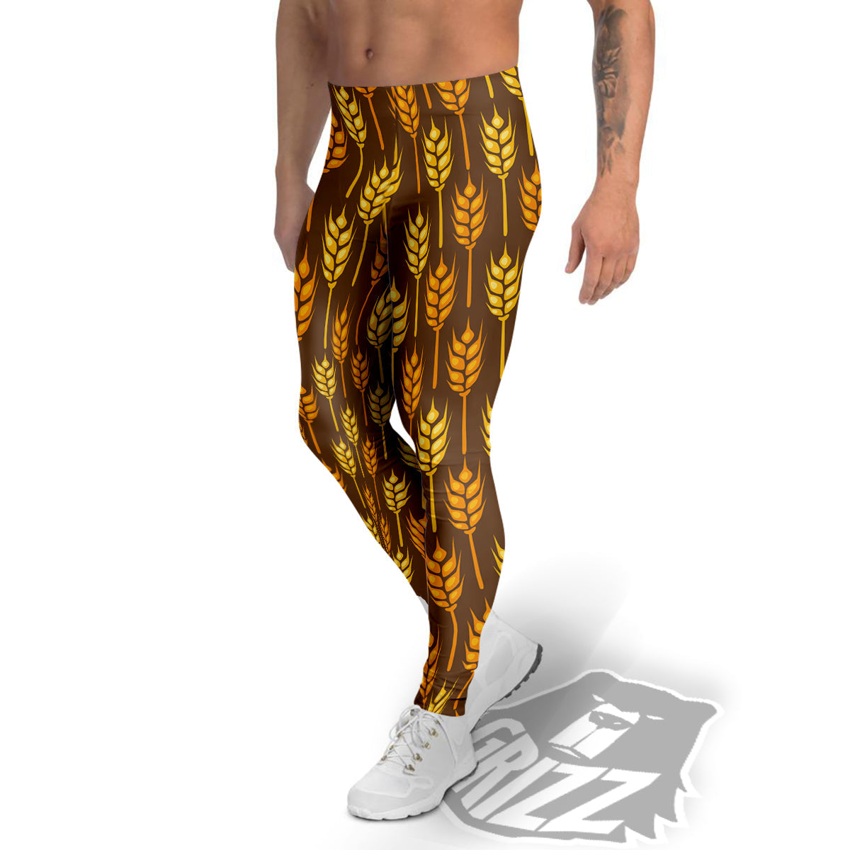 Brown And Yellow Wheat Print Pattern Men's Leggings-grizzshop