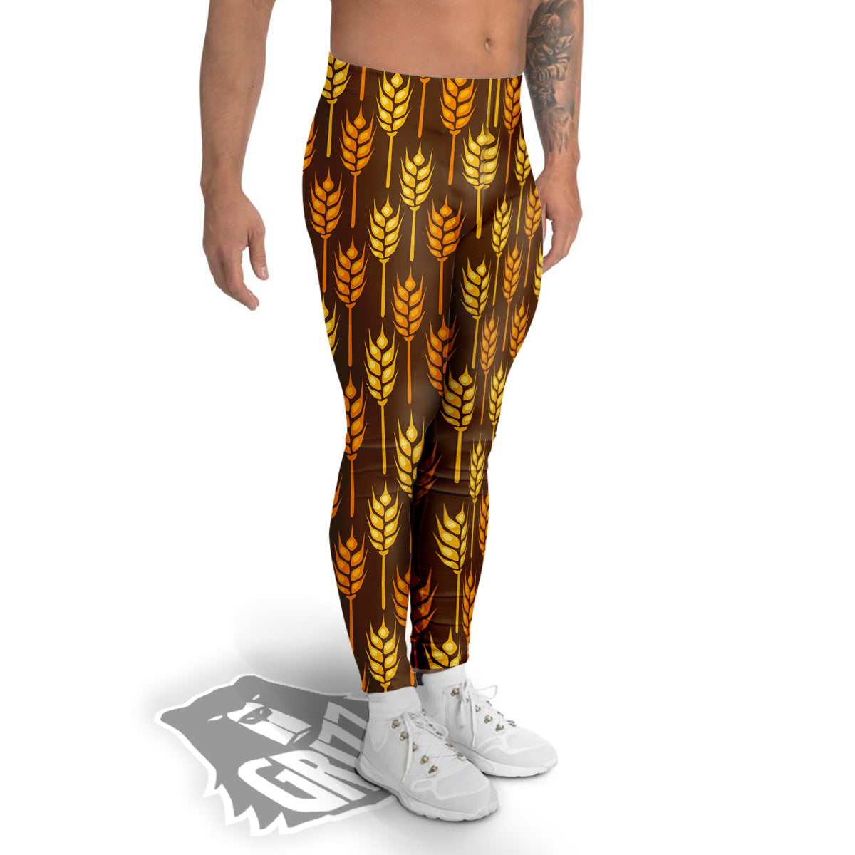 Brown And Yellow Wheat Print Pattern Men's Leggings-grizzshop