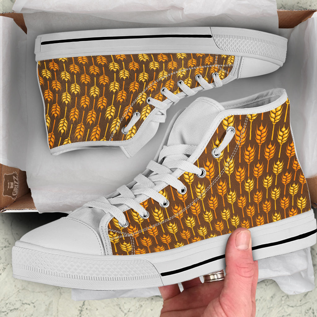 Brown And Yellow Wheat Print Pattern White High Top Shoes-grizzshop