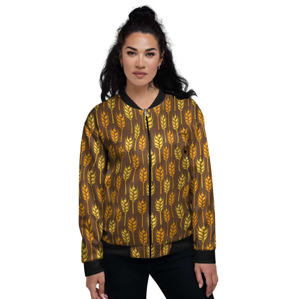 Brown And Yellow Wheat Print Pattern Women's Bomber Jacket-grizzshop