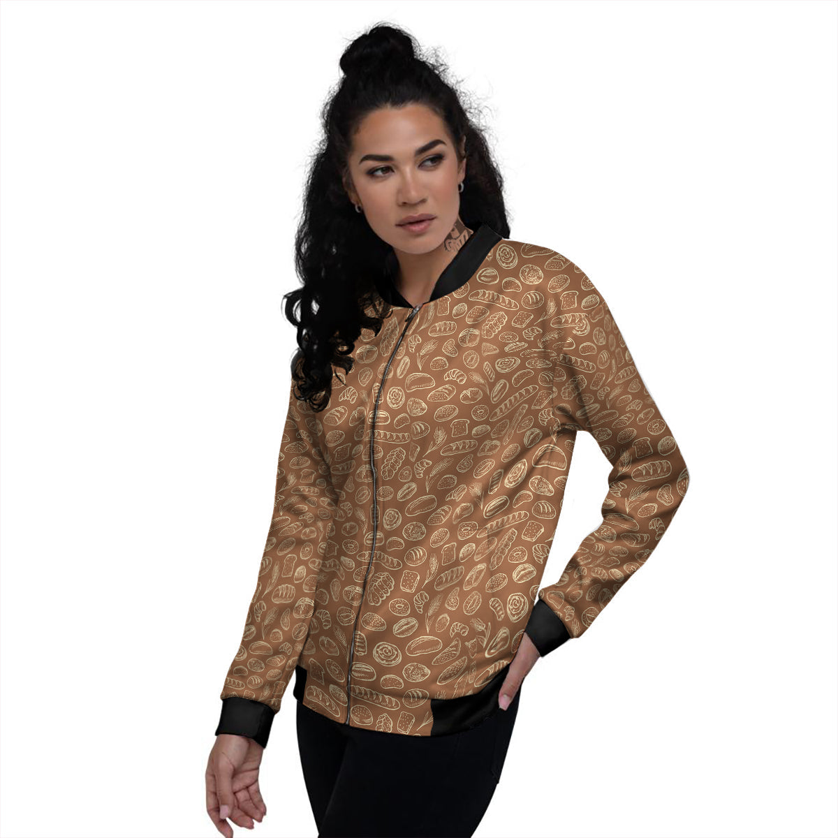 Brown Bakery Beige Print Pattern Women's Bomber Jacket-grizzshop