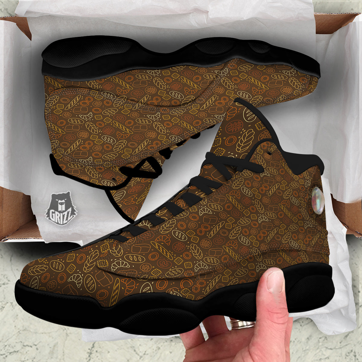 Brown Bakery Print Pattern Black Basketball Shoes-grizzshop