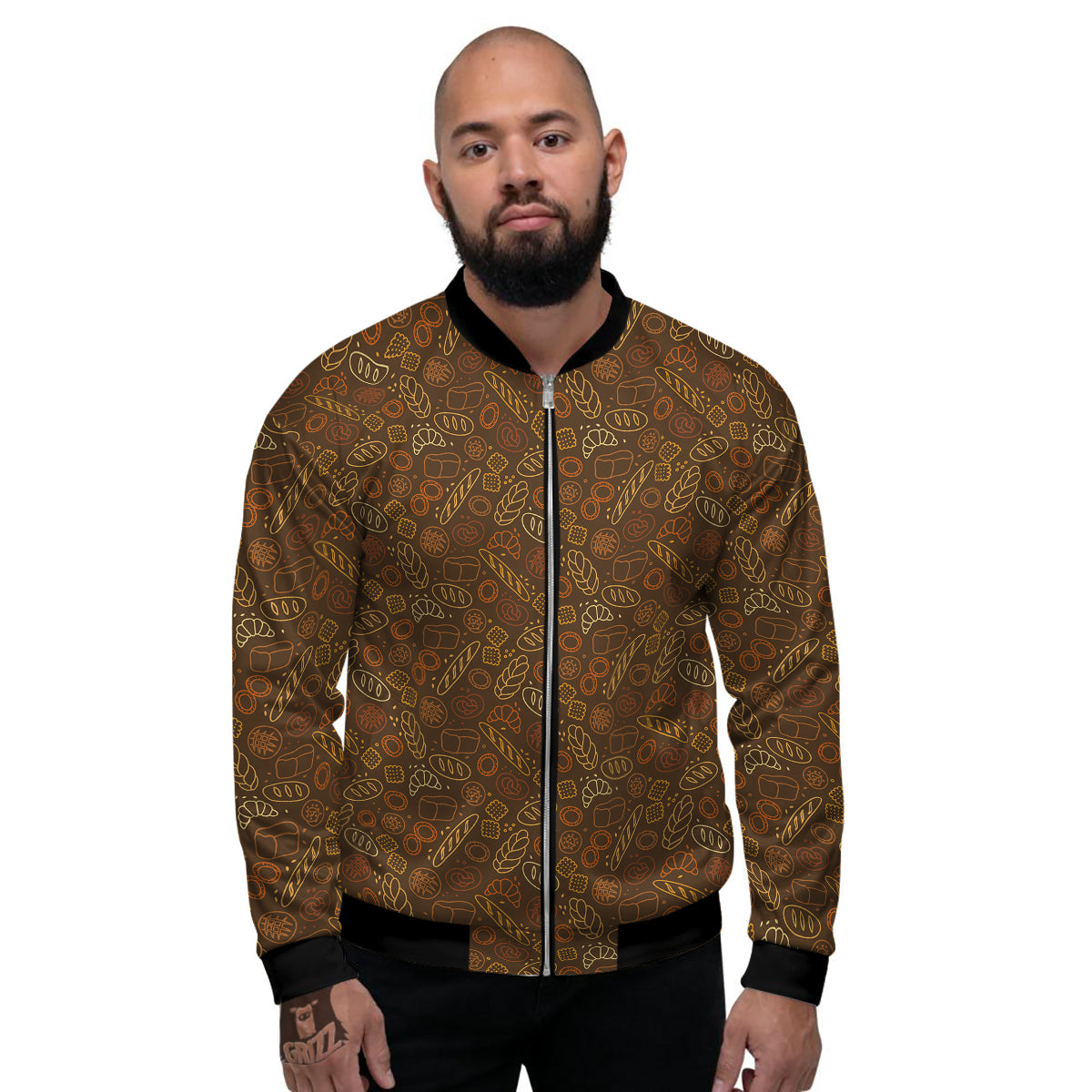 Brown Bakery Print Pattern Men's Bomber Jacket-grizzshop