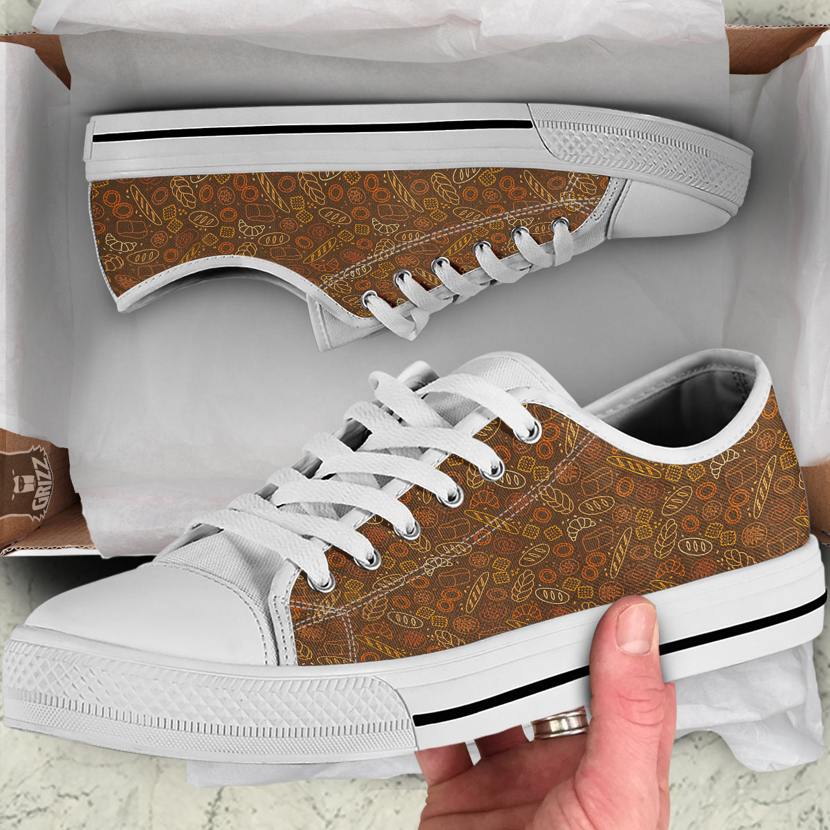 Brown Bakery Print Pattern White Low Top Shoes-grizzshop