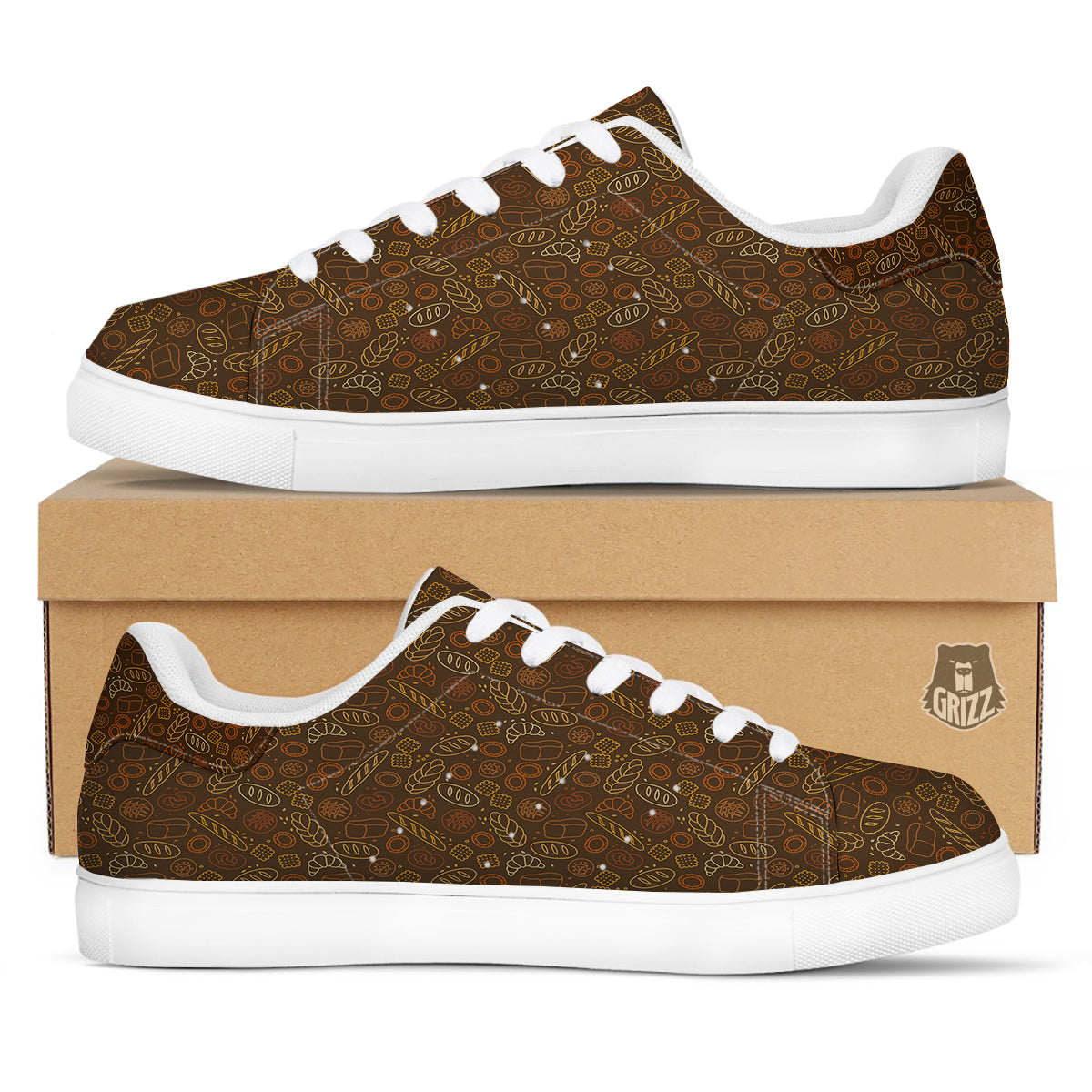 Brown Bakery Print Pattern White Low Top Sneakers-grizzshop