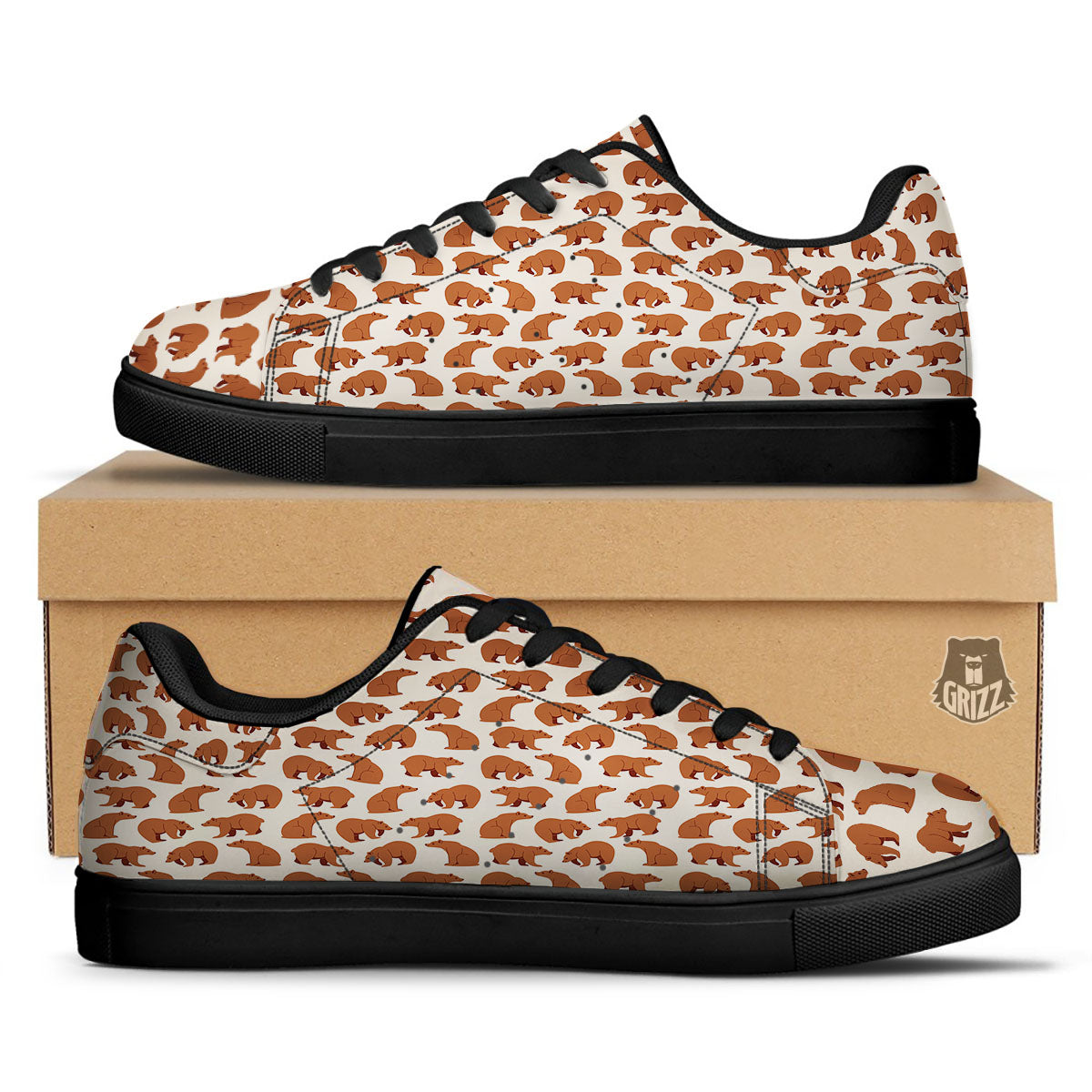Brown Bear Cute Print Pattern Black Low Top Sneakers-grizzshop