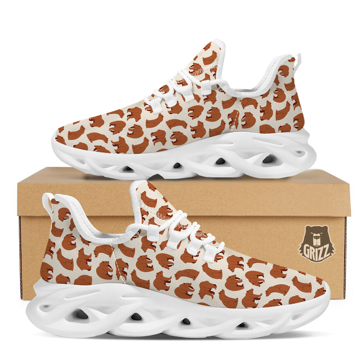 Brown Bear Cute Print Pattern White Running Shoes-grizzshop