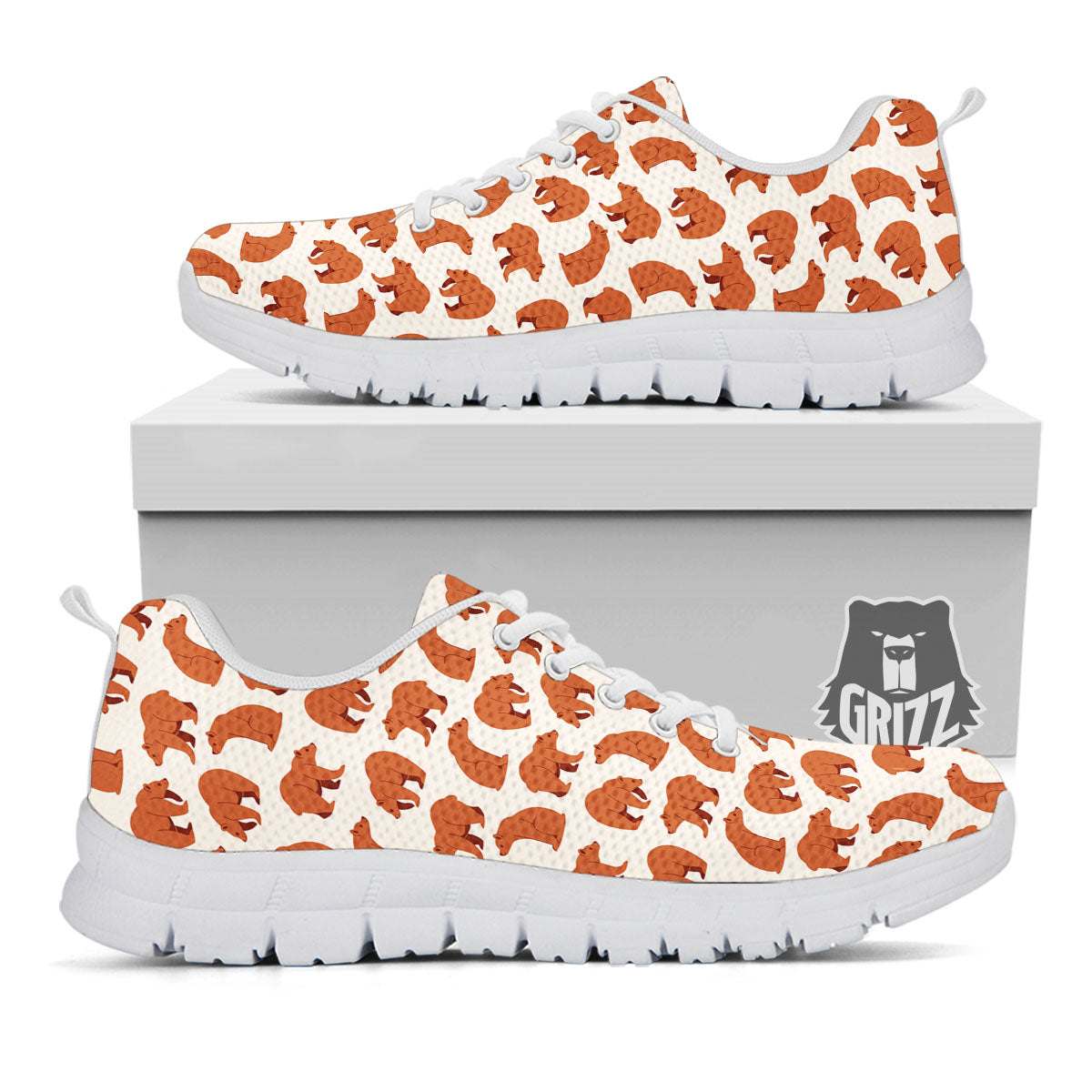Brown Bear Cute Print Pattern White Sneaker-grizzshop