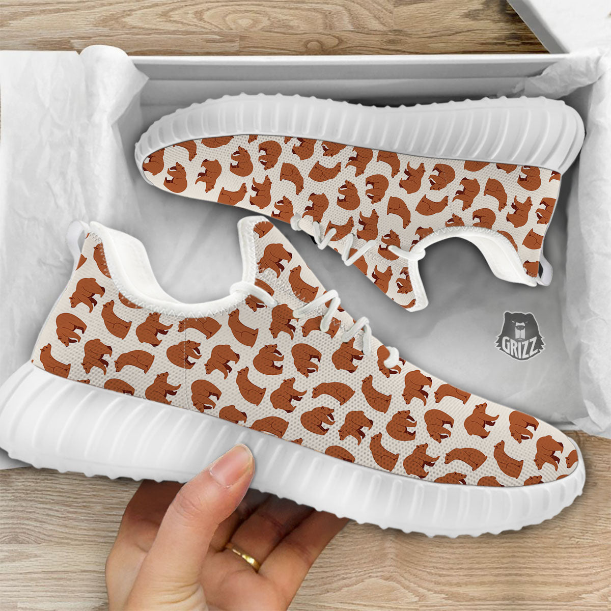 Brown Bear Cute Print Pattern White Walking Shoes-grizzshop