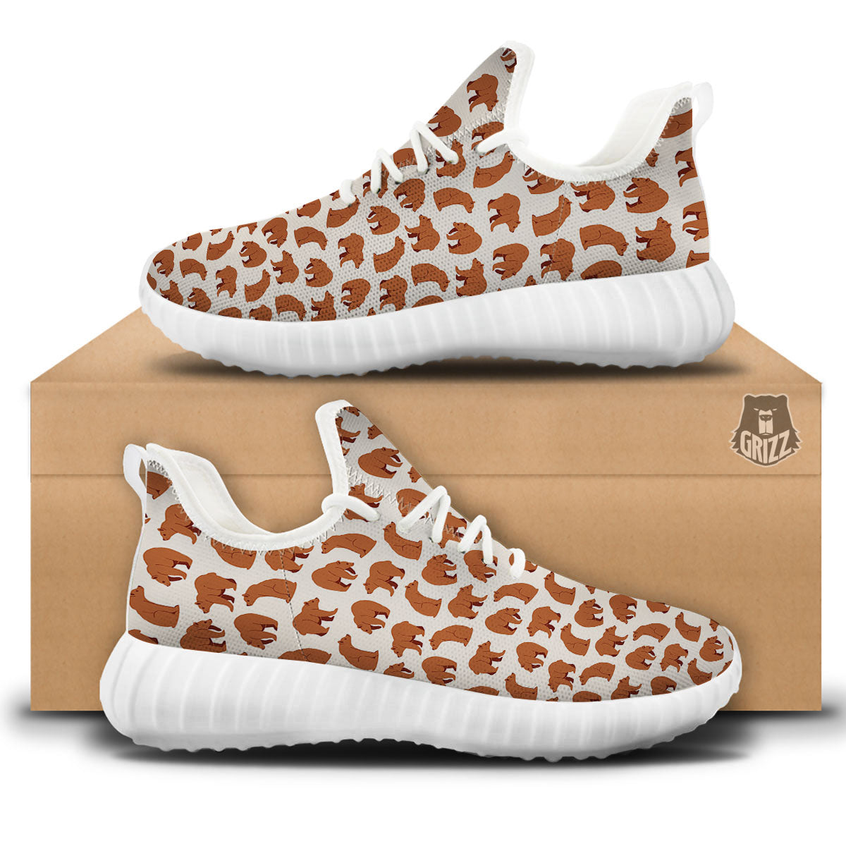 Brown Bear Cute Print Pattern White Walking Shoes-grizzshop