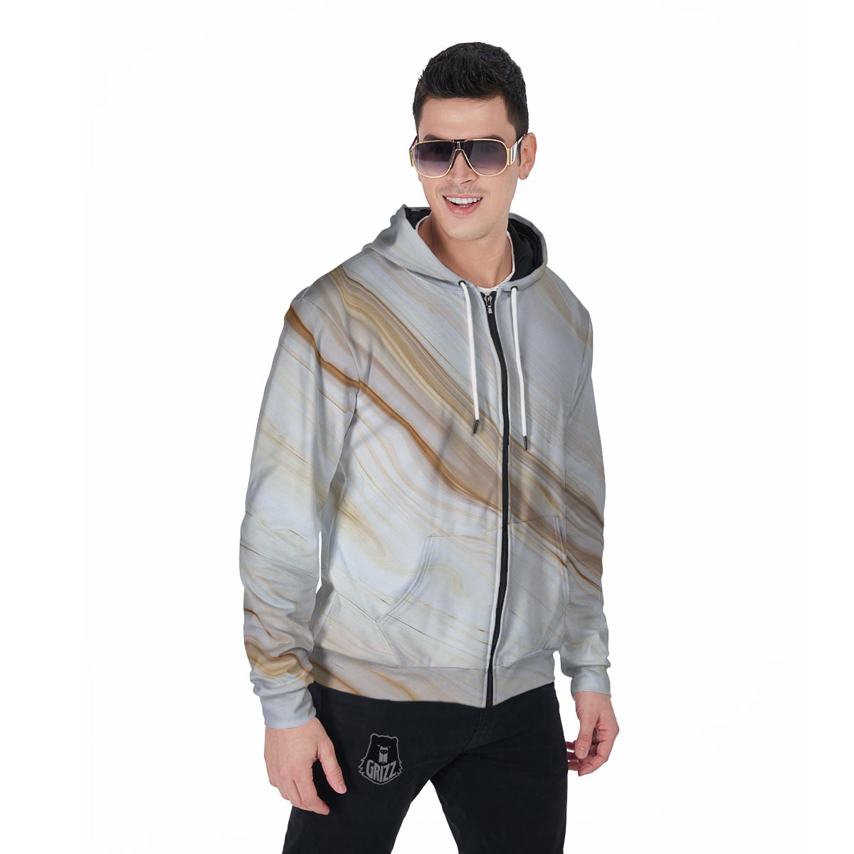 Brown Beige Marble Men's Zip Up Hoodie-grizzshop