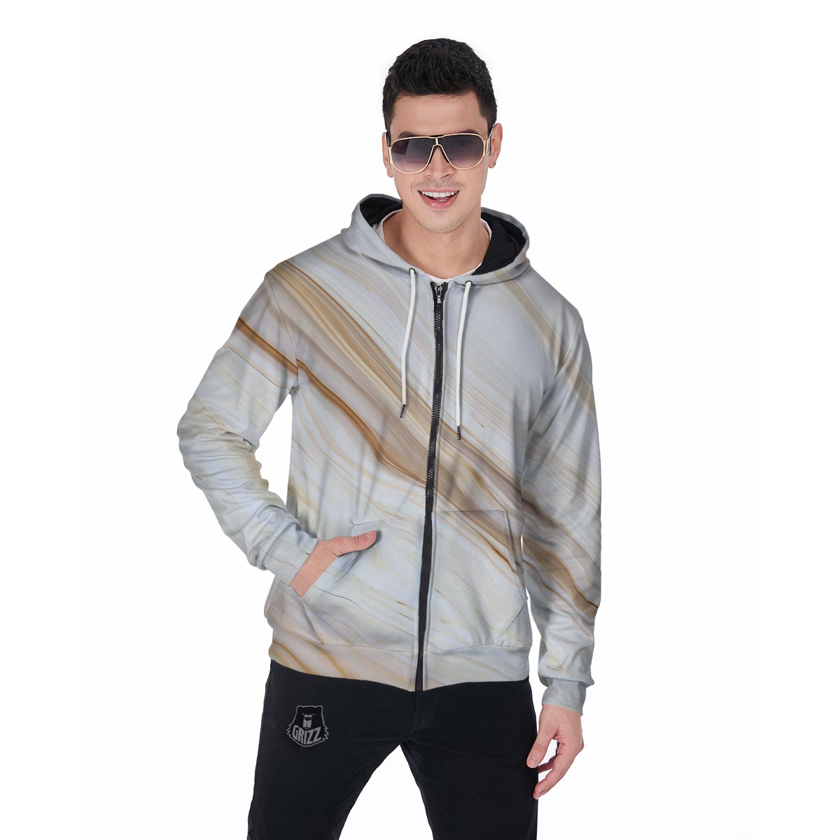 Brown Beige Marble Men's Zip Up Hoodie-grizzshop