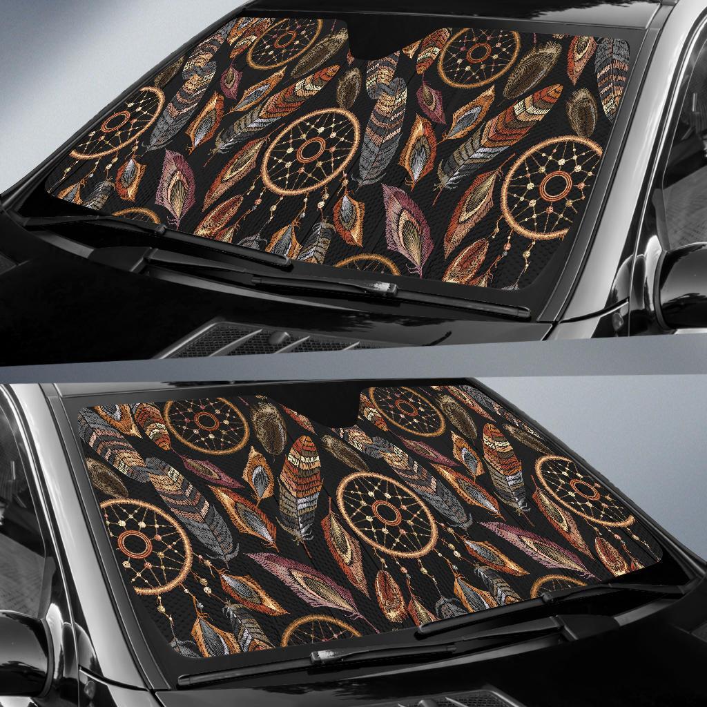 Brown Boho Peacock Dream Catcher Feather Car Sun Shade-grizzshop