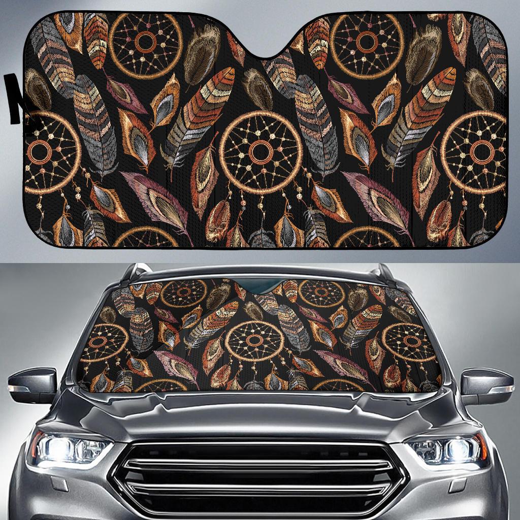 Brown Boho Peacock Dream Catcher Feather Car Sun Shade-grizzshop