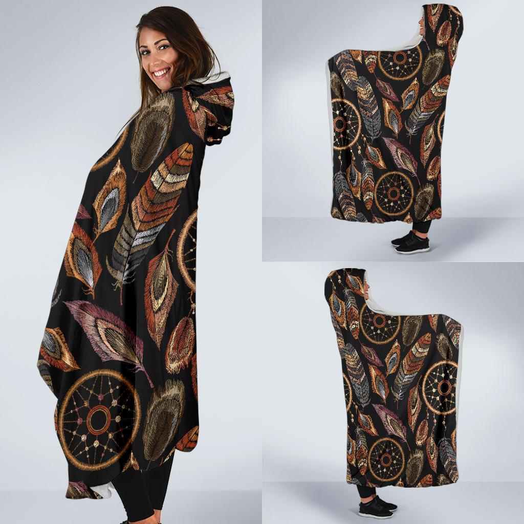 Brown Boho Peacock Dream Catcher Feather Hooded Blanket-grizzshop