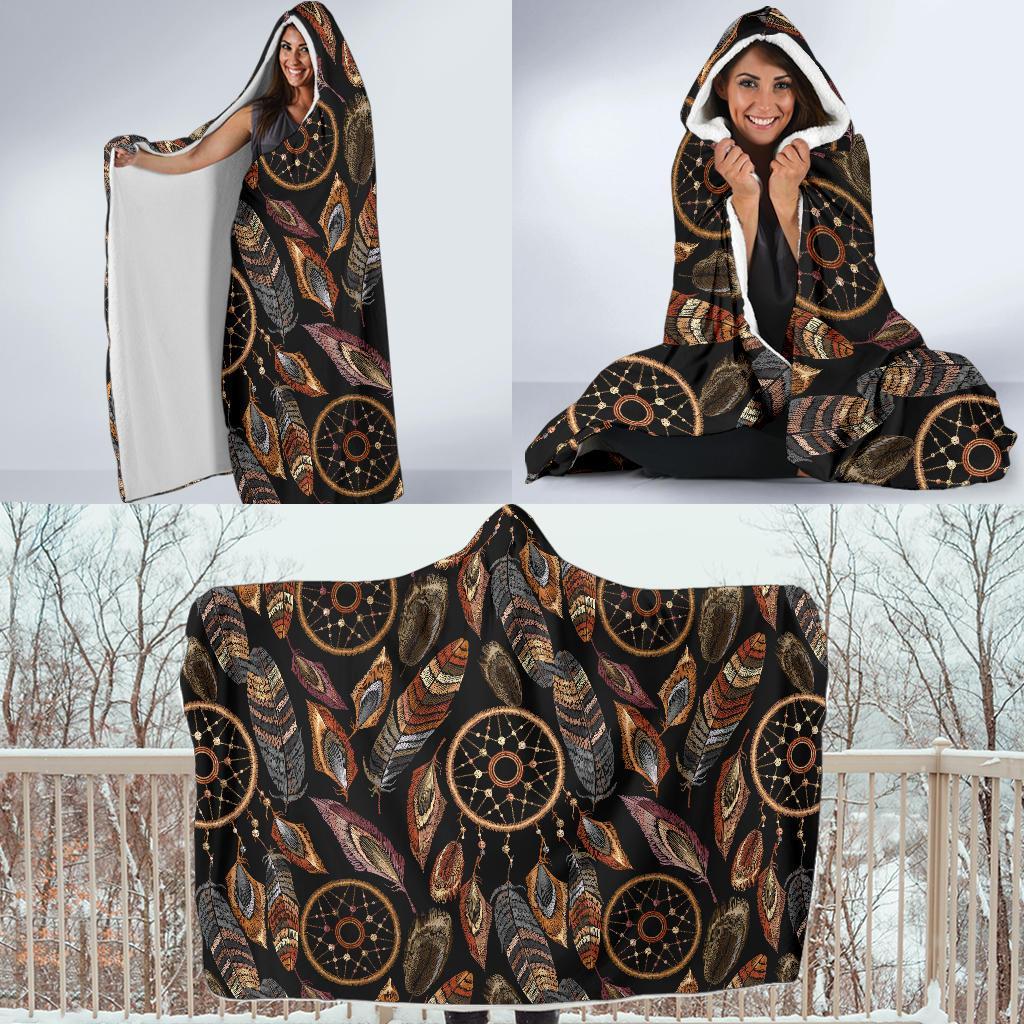 Brown Boho Peacock Dream Catcher Feather Hooded Blanket-grizzshop