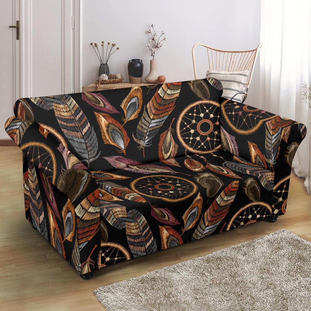 Brown Boho Peacock Dream Catcher Feather Loveseat Cover-grizzshop