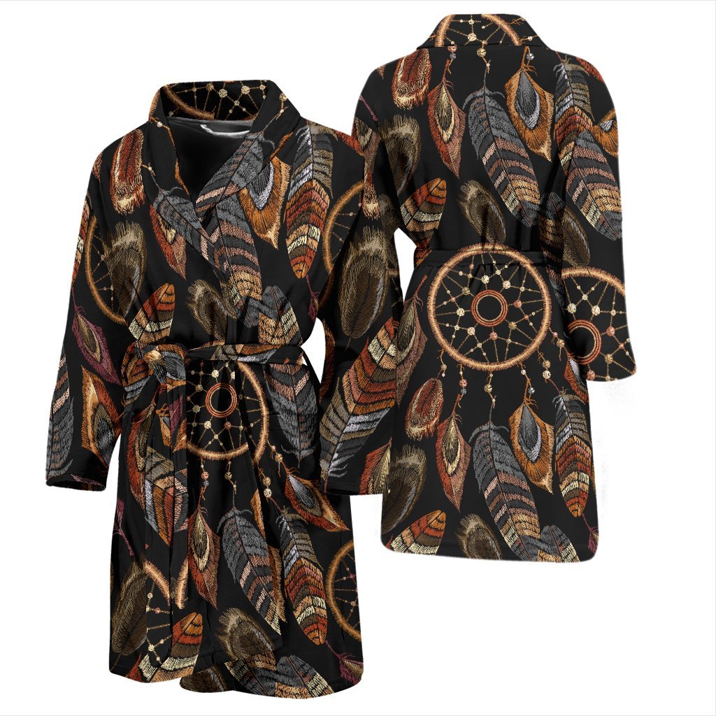 Brown Boho Peacock Dream Catcher Feather Men Long Robe-grizzshop