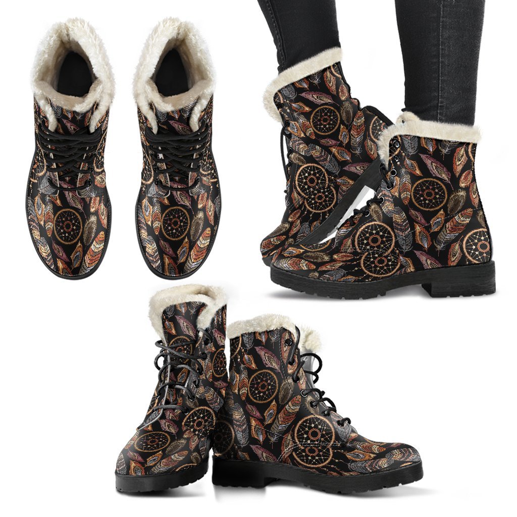 Brown Boho Peacock Dream Catcher Feather Pattern Print Comfy Winter Boots-grizzshop