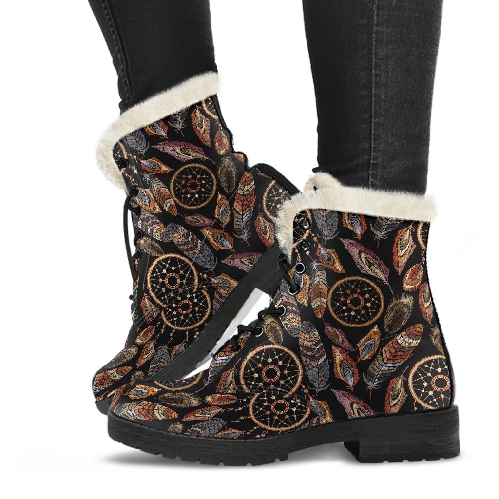 Brown Boho Peacock Dream Catcher Feather Pattern Print Comfy Winter Boots-grizzshop