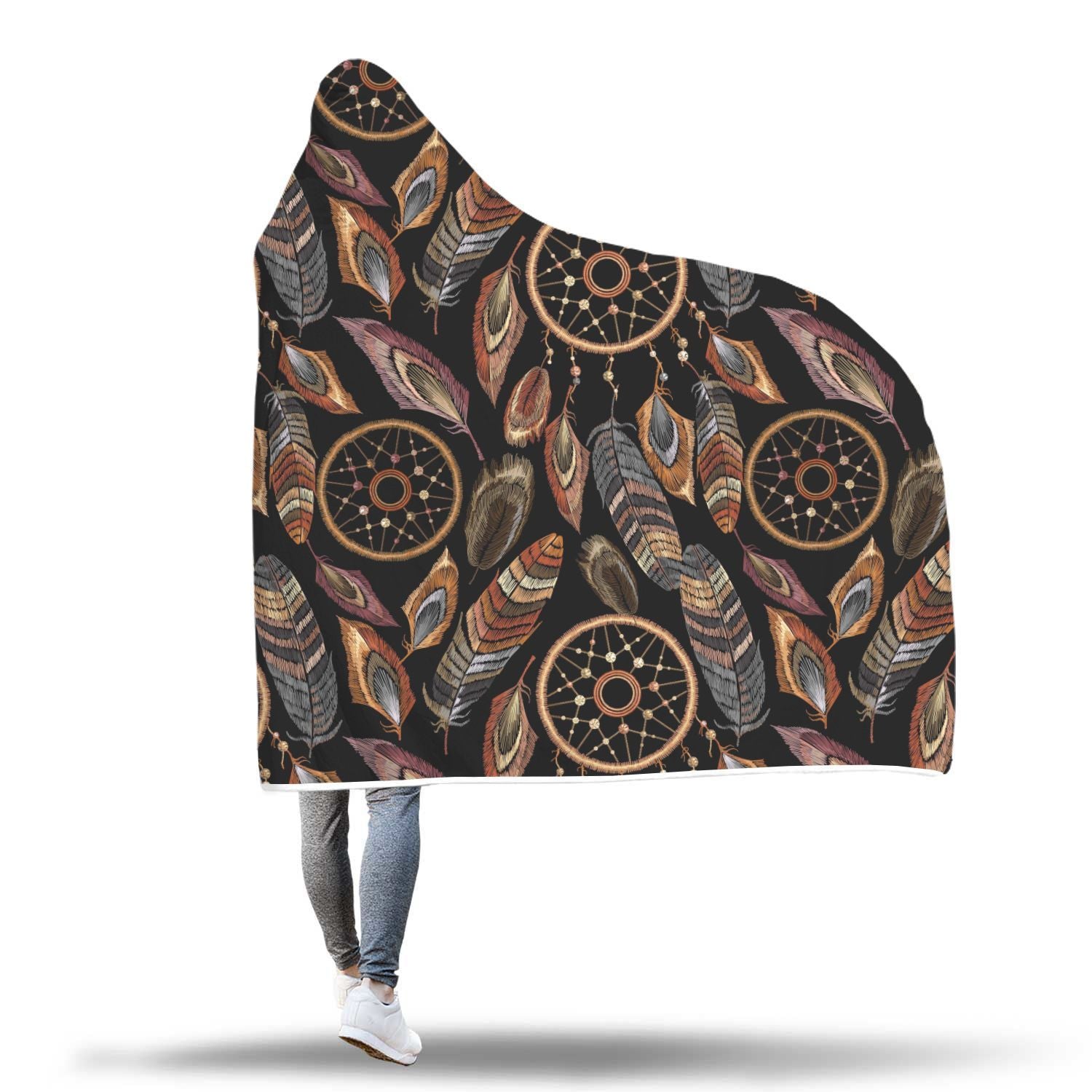 Brown Boho Peacock Dream Catcher Feather Pattern Print Hooded Blanket-grizzshop