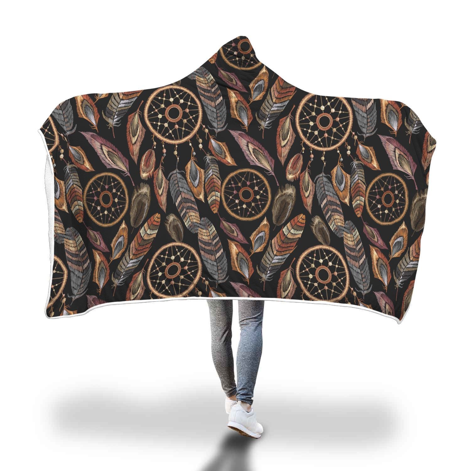 Brown Boho Peacock Dream Catcher Feather Pattern Print Hooded Blanket-grizzshop