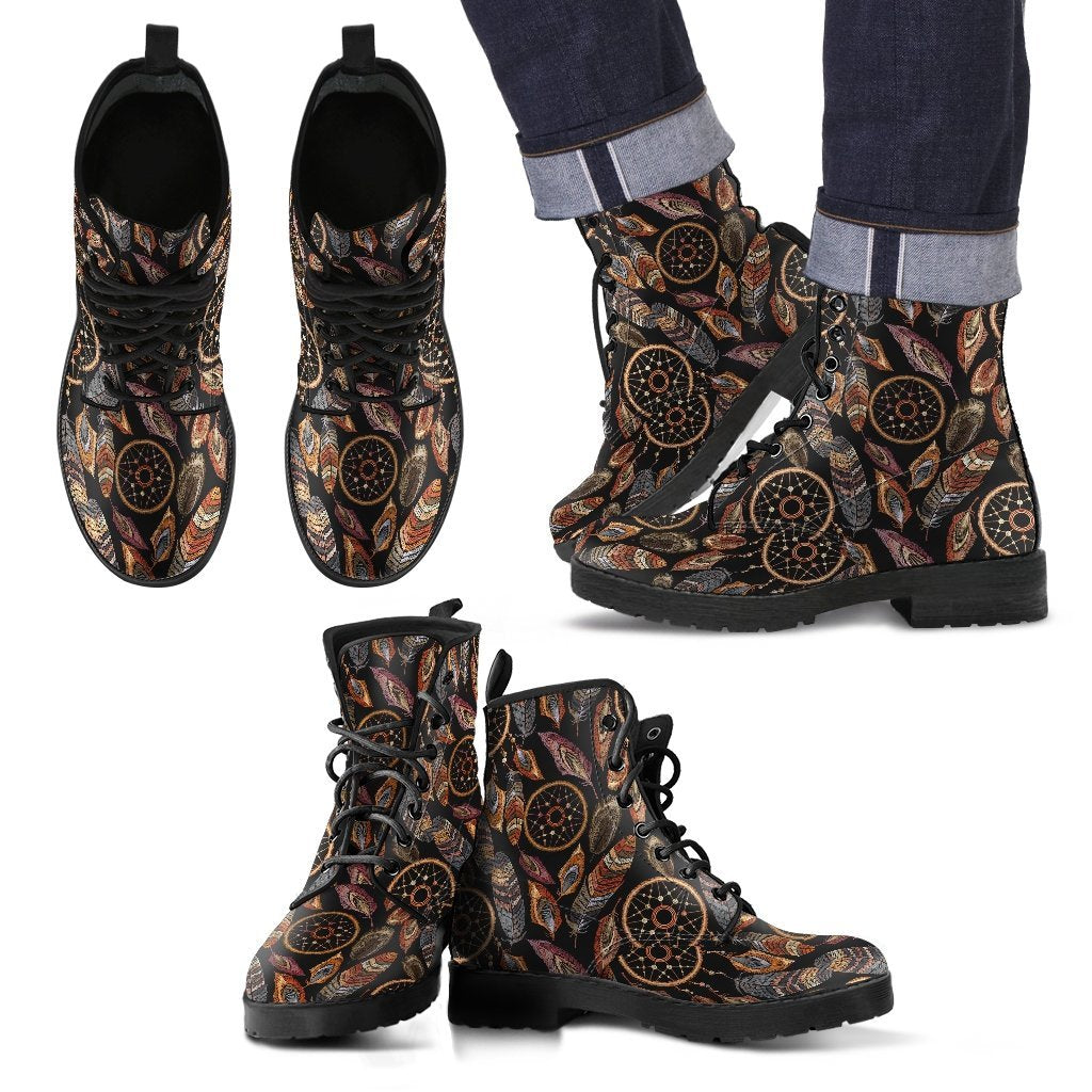 Brown Boho Peacock Dream Catcher Feather Pattern Print Men Women Leather Boots-grizzshop