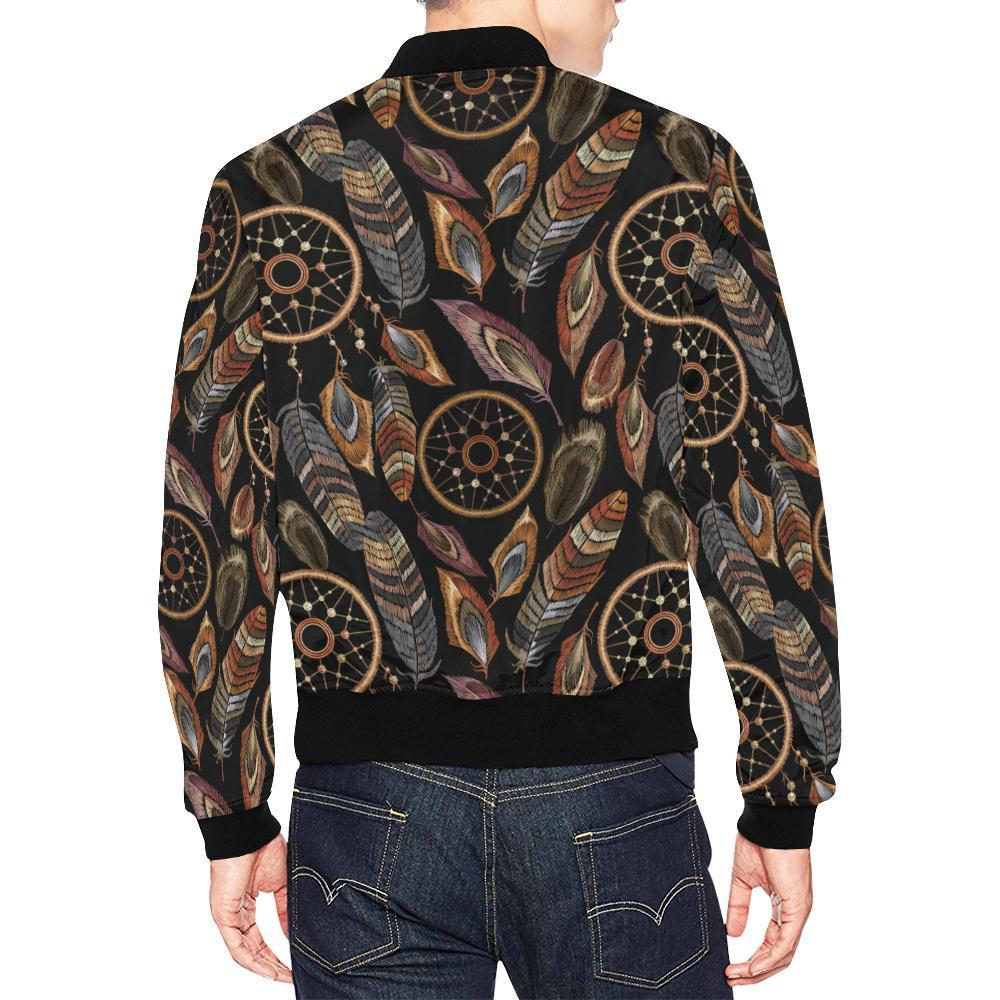 Brown Boho Peacock Dream Catcher Feather Pattern Print Men's Bomber Jacket-grizzshop