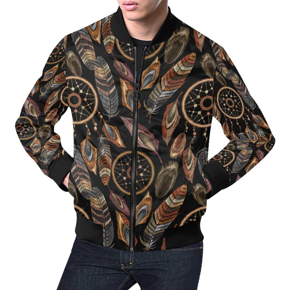 Brown Boho Peacock Dream Catcher Feather Pattern Print Men's Bomber Jacket-grizzshop