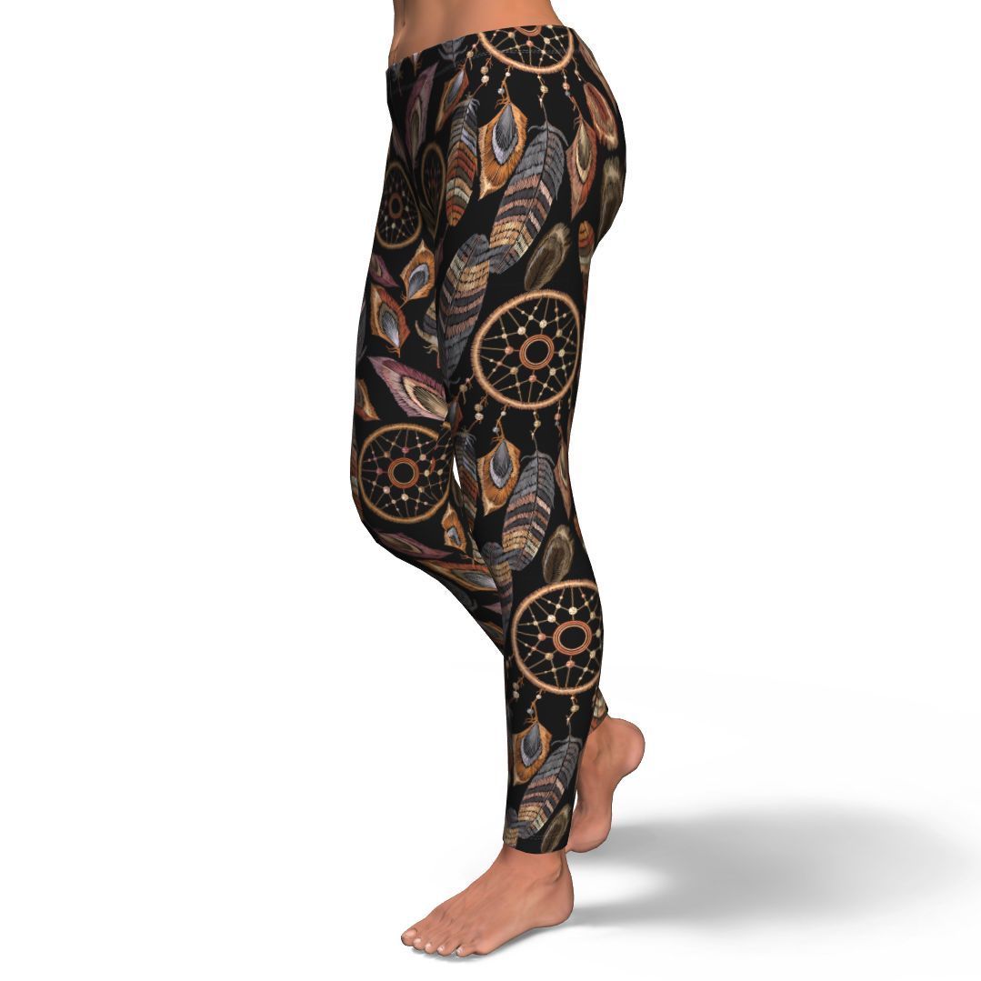 Brown Boho Peacock Dream Catcher Feather Pattern Print Pattern Women Leggings-grizzshop