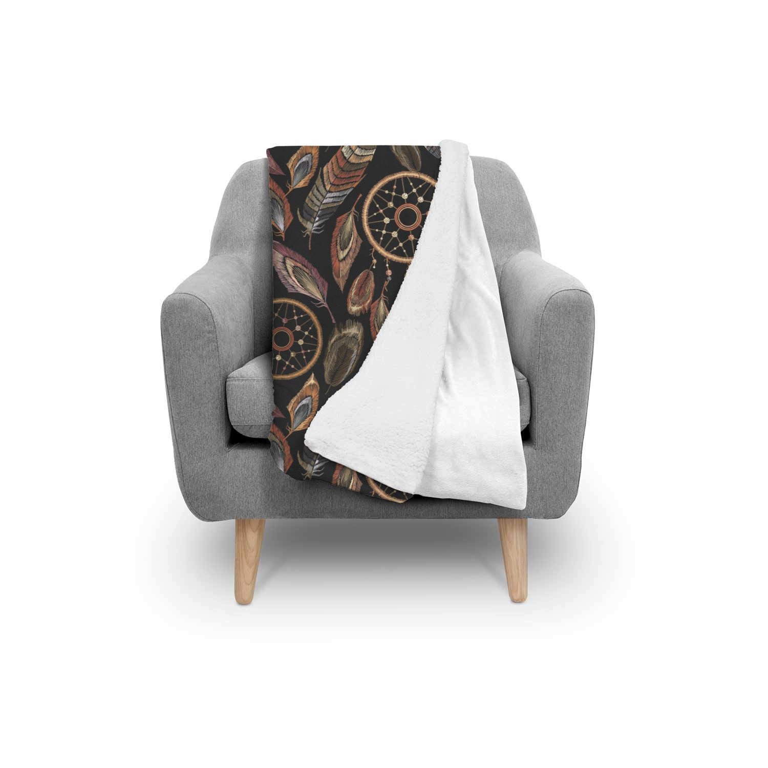 Brown Boho Peacock Dream Catcher Feather Pattern Print Throw Blanket-grizzshop