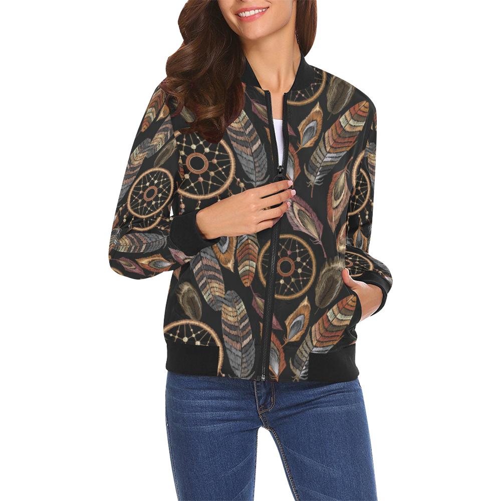 Brown Boho Peacock Dream Catcher Feather Pattern Print Women Casual Bomber Jacket-grizzshop