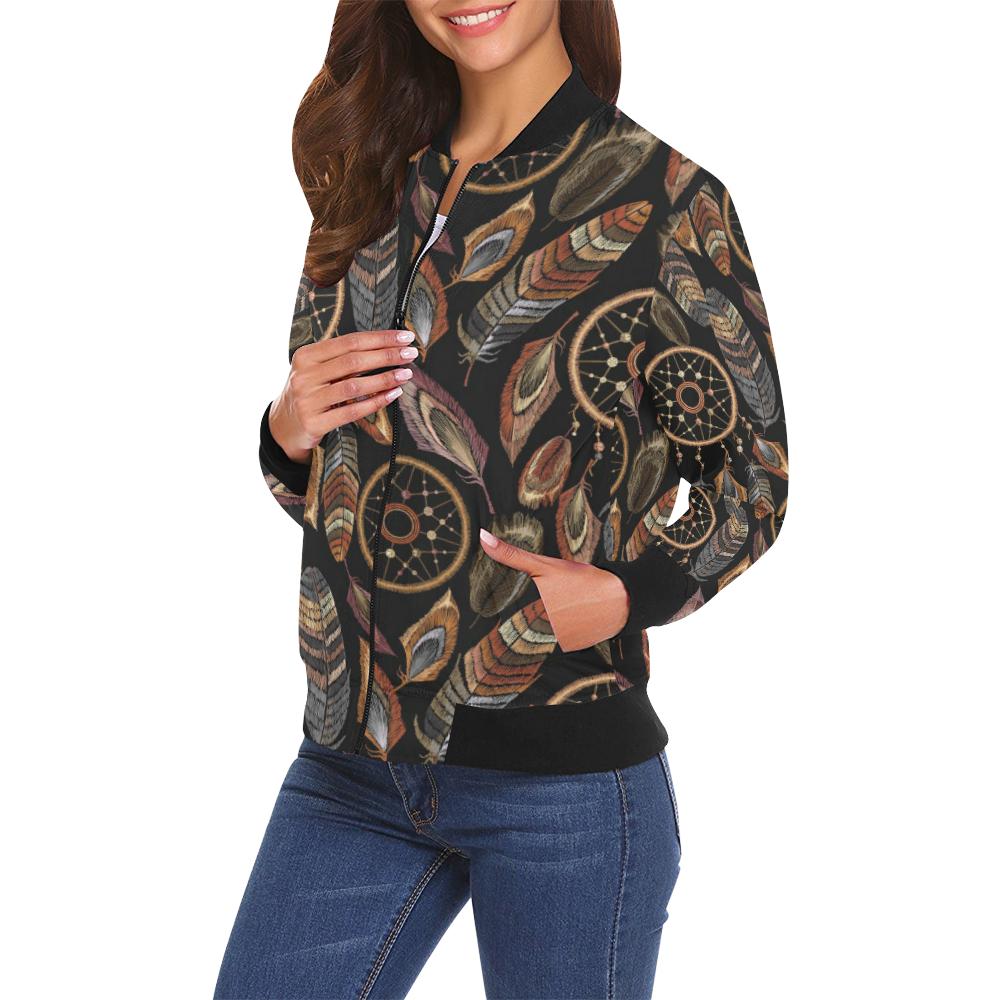 Brown Boho Peacock Dream Catcher Feather Pattern Print Women Casual Bomber Jacket-grizzshop