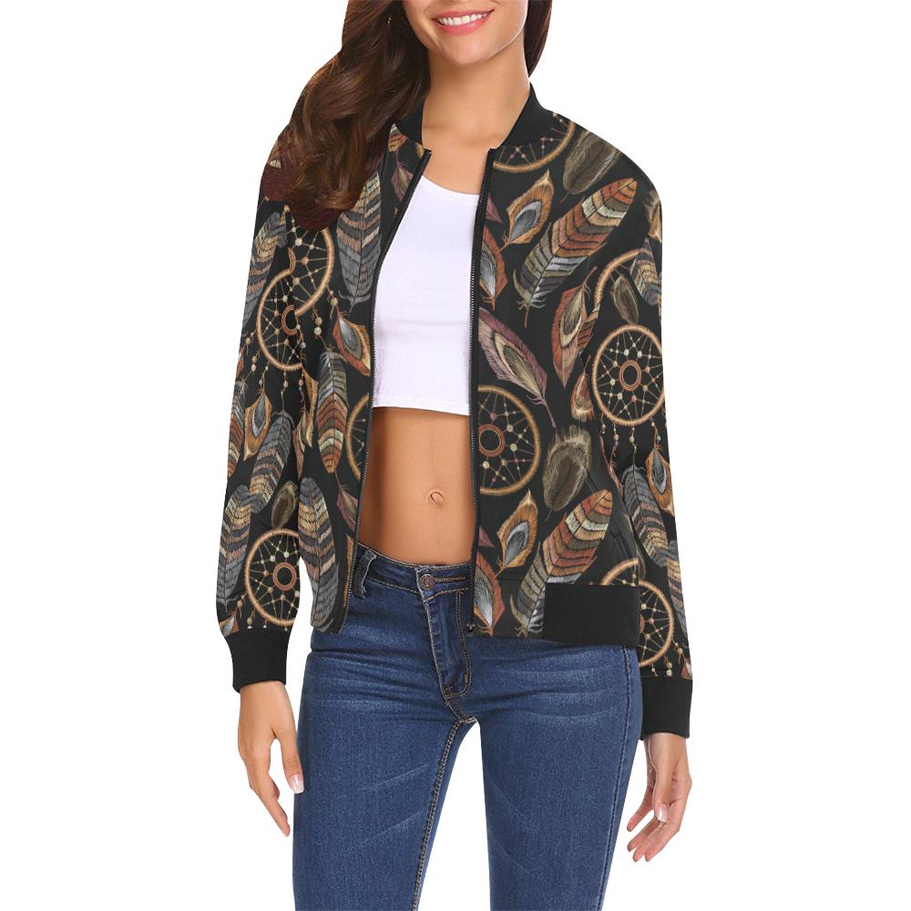 Brown Boho Peacock Dream Catcher Feather Pattern Print Women Casual Bomber Jacket-grizzshop