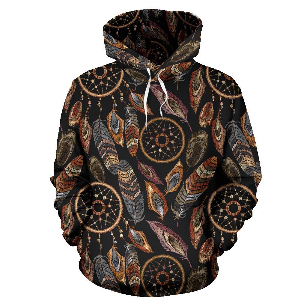 Brown Boho Peacock Dream Catcher Feather Pattern Print Women Men Pullover Hoodie-grizzshop