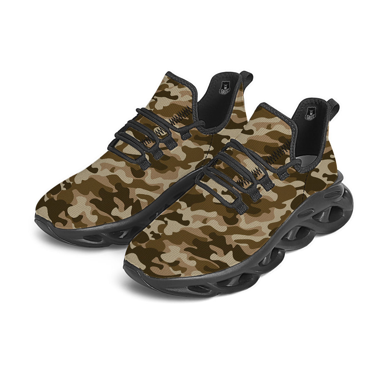 Brown Camo And Camouflage Print Black Running Shoes-grizzshop