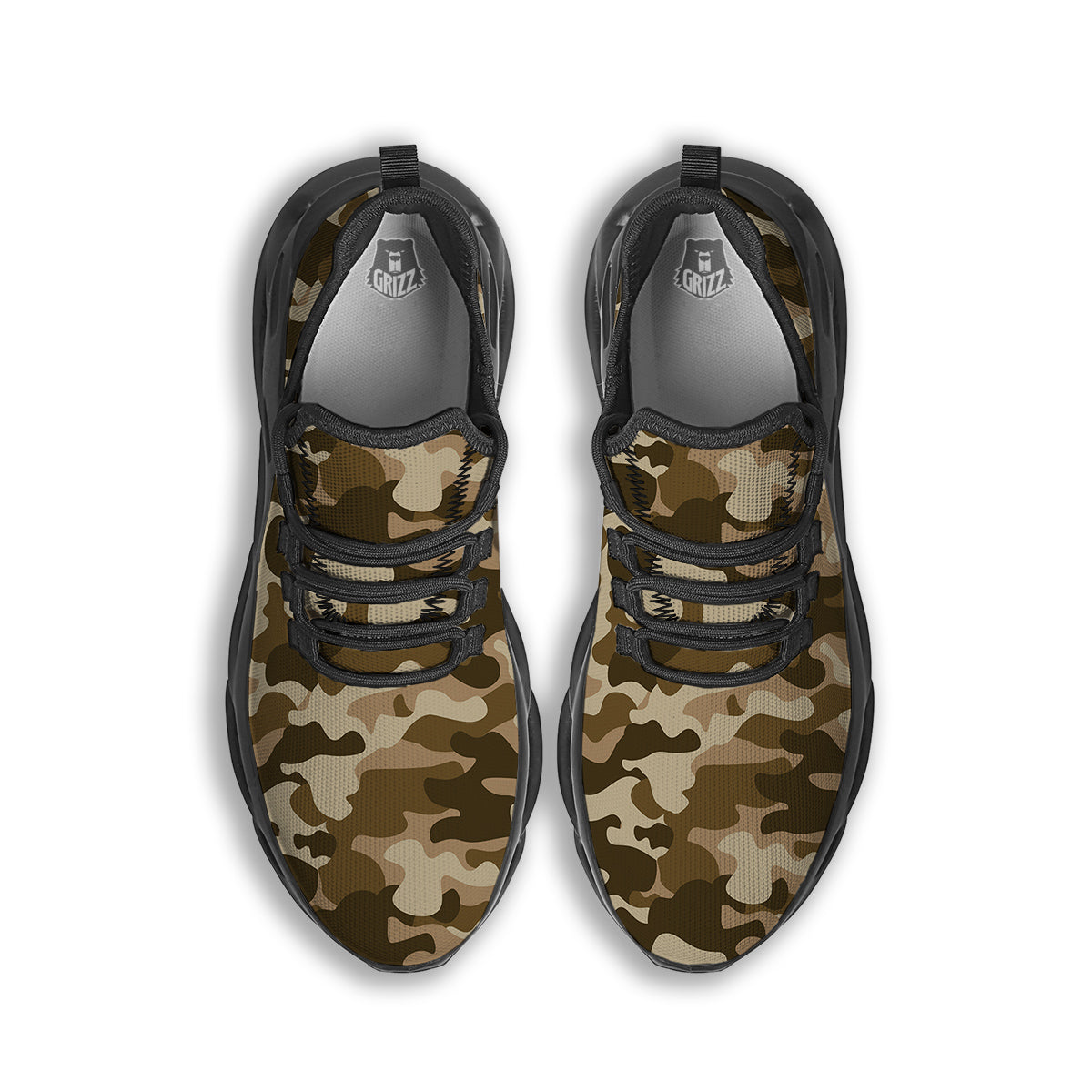 Brown Camo And Camouflage Print Black Running Shoes-grizzshop