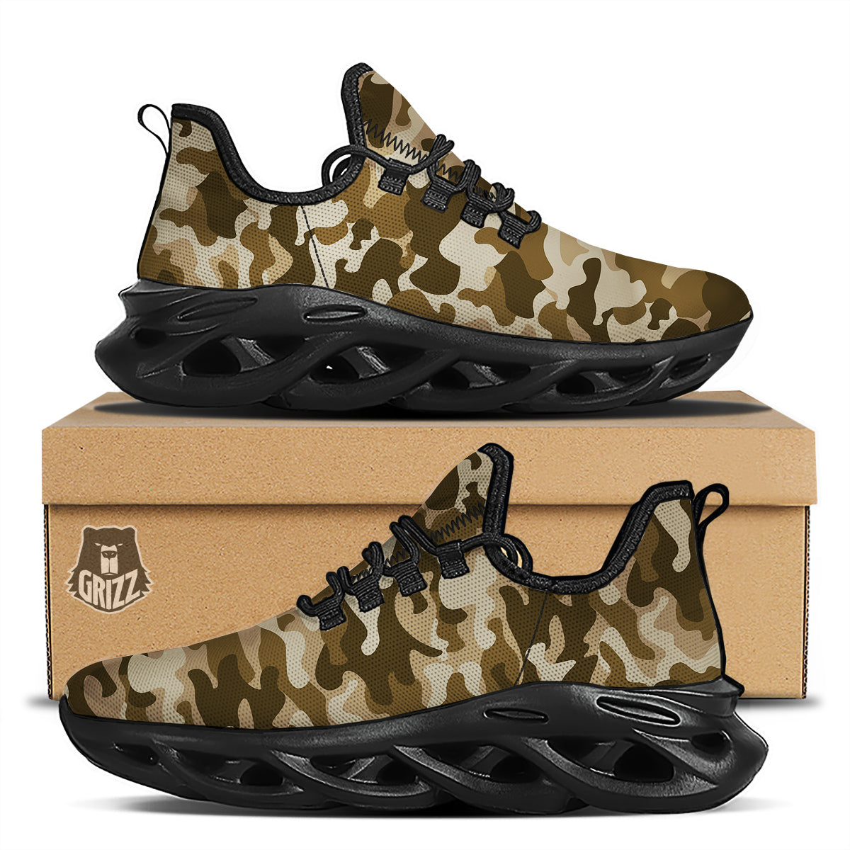 Brown Camo And Camouflage Print Black Running Shoes-grizzshop