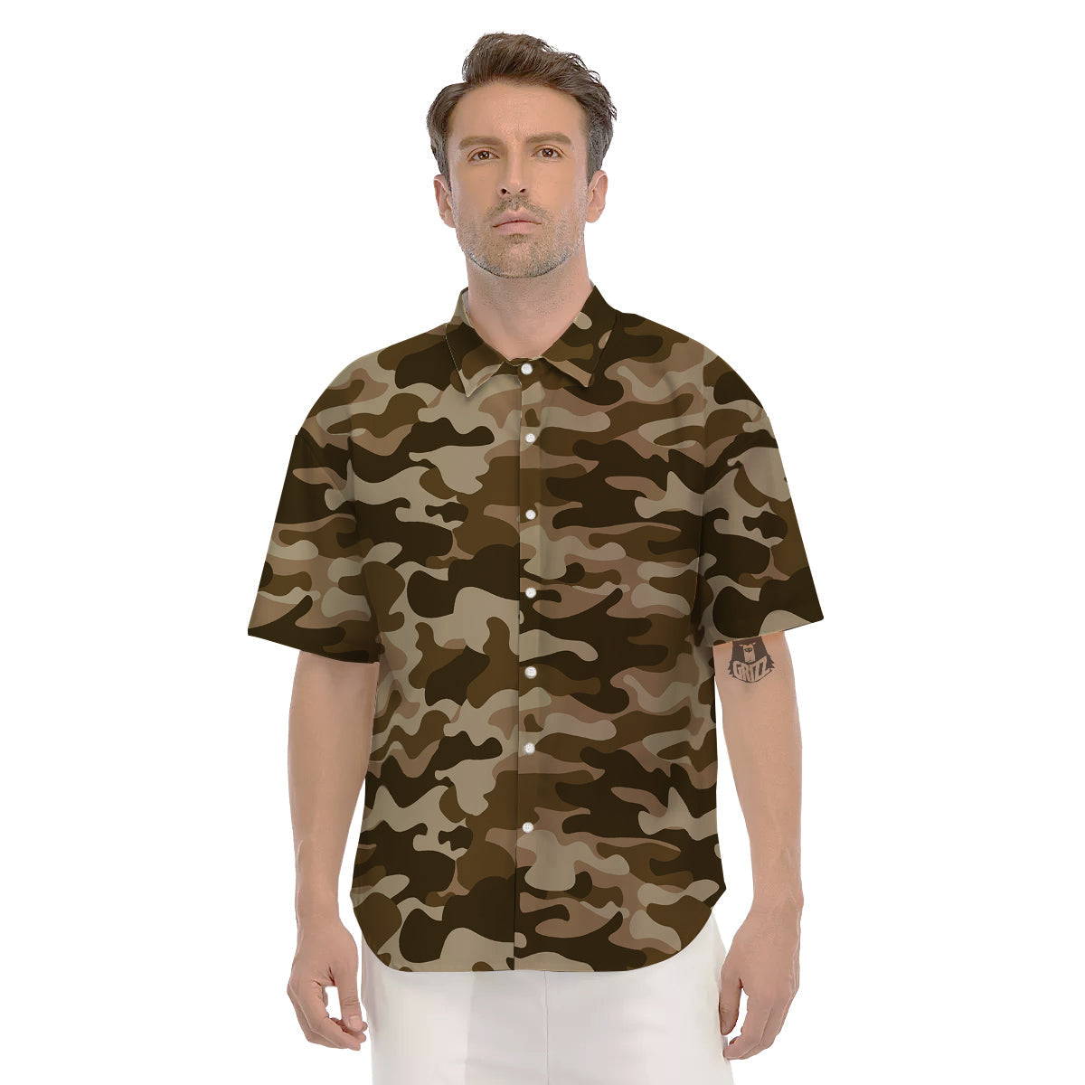 Brown Camo And Camouflage Print Men's Short Sleeve Shirts-grizzshop