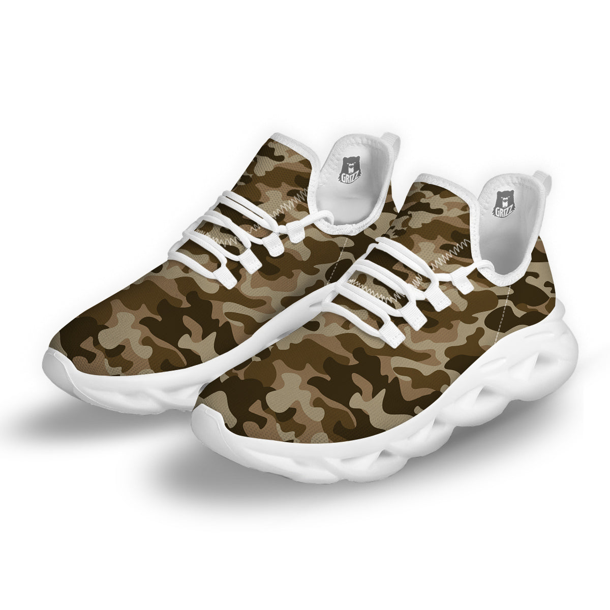 Brown Camo And Camouflage Print White Running Shoes-grizzshop