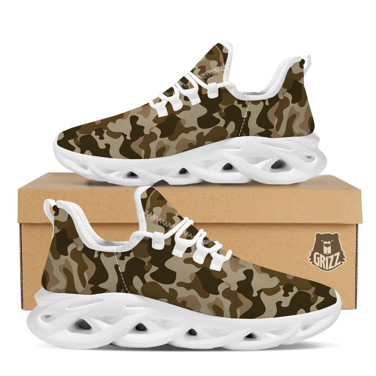 Brown Camo And Camouflage Print White Running Shoes-grizzshop