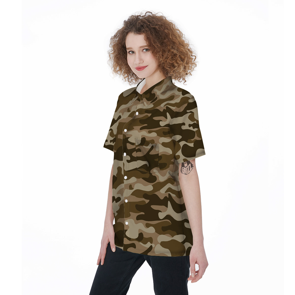 Brown Camo And Camouflage Print Women's Short Sleeve Shirts-grizzshop