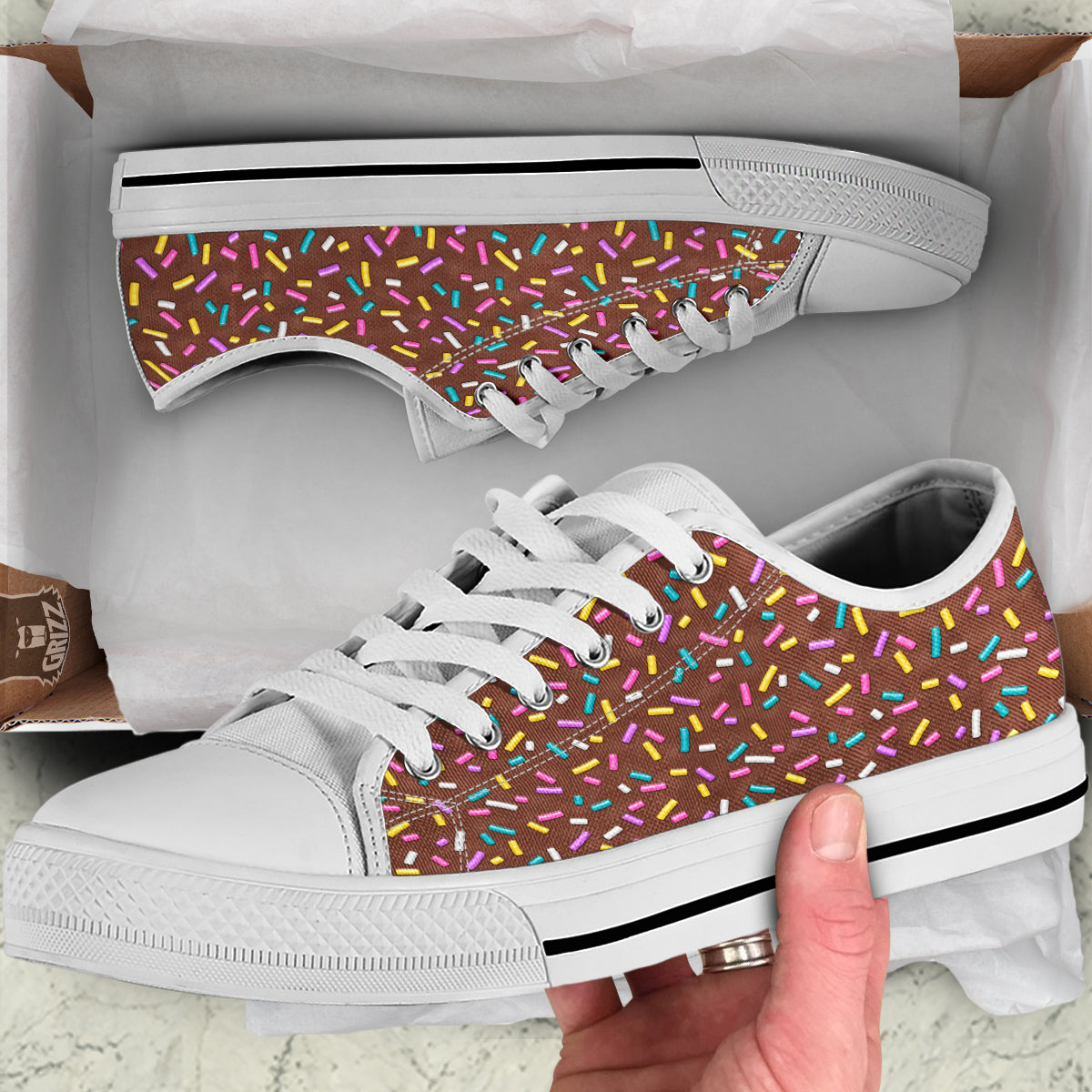 Brown Candy Sprinkles Sweet Print Pattern White Low Top Shoes-grizzshop