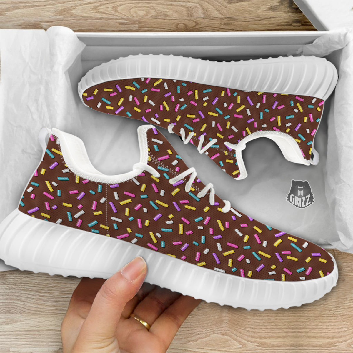 Brown Candy Sprinkles Sweet Print Pattern White Walking Shoes-grizzshop
