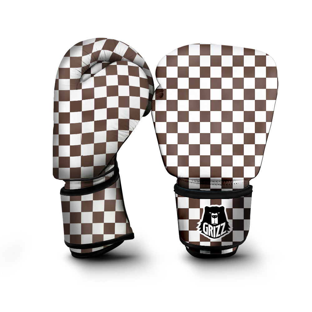 Brown Checkered Flag Print Boxing Gloves-grizzshop