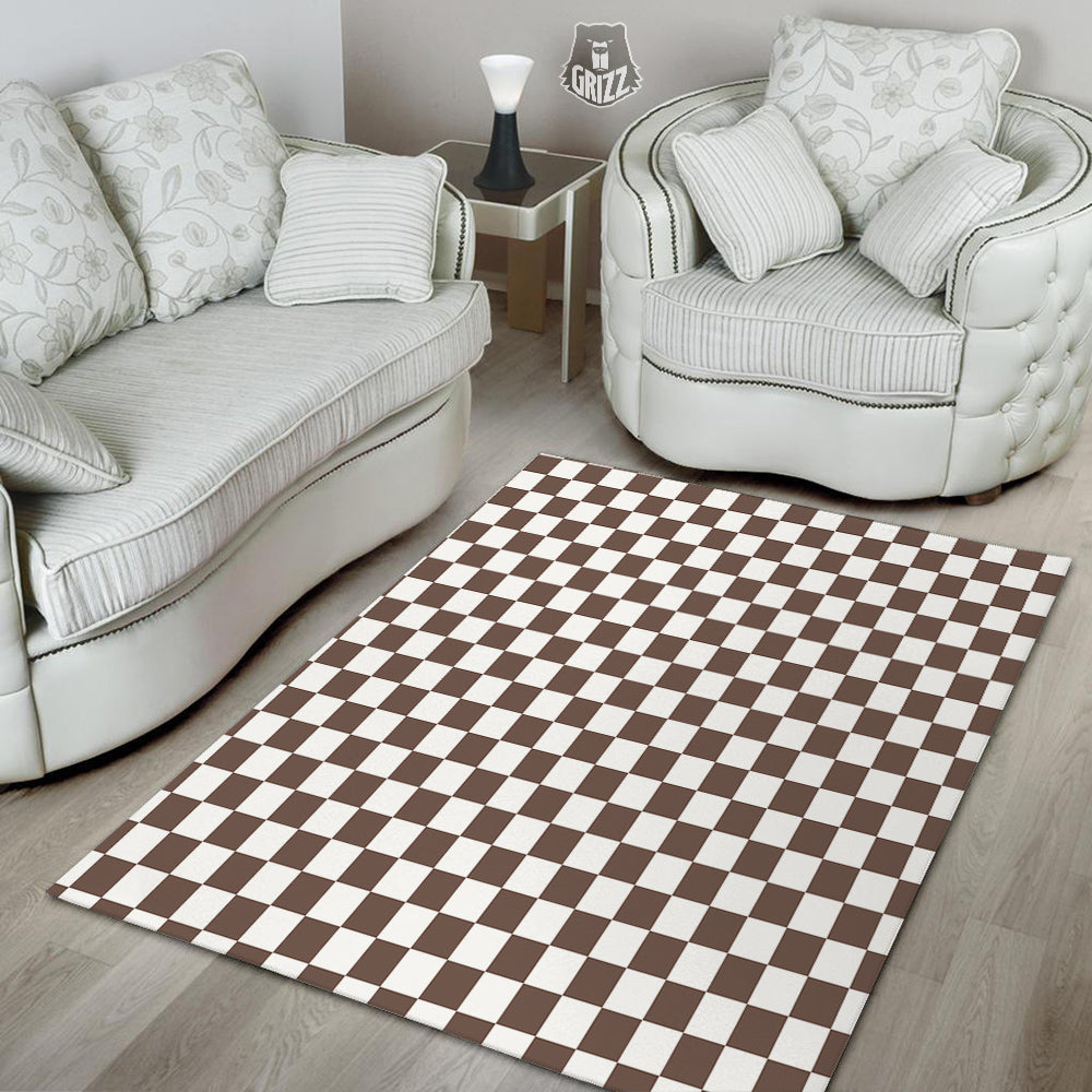 Brown Checkered Flag Print Floor Mat-grizzshop