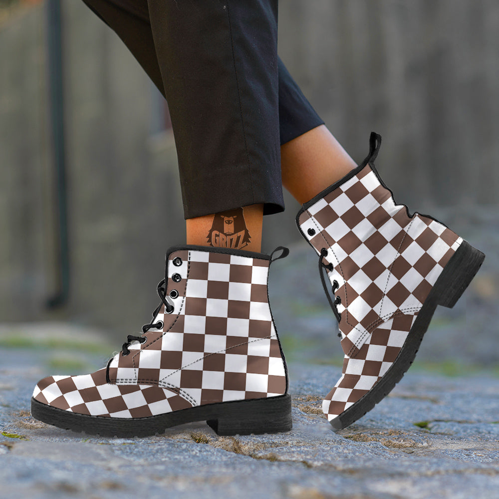 Brown Checkered Flag Print Leather Boots-grizzshop